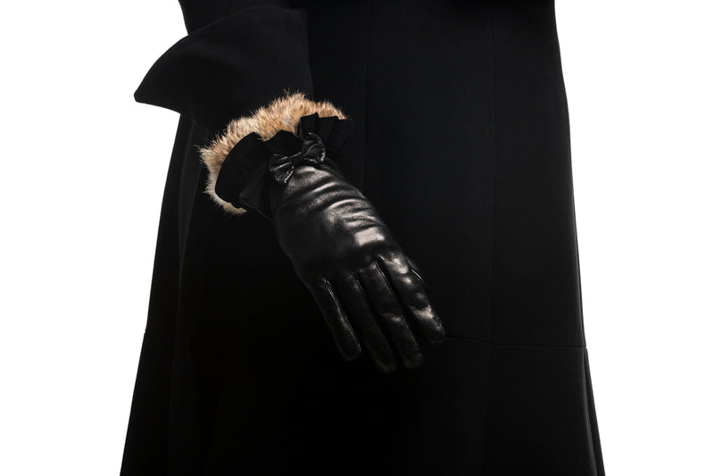 Veronique Minnie Frill - Women's Silk Lined Leather Gloves with Fur Cuffs