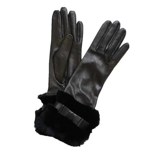 Veronique Minnie Flat Bow - Women's Silk Lined Leather Gloves with Fur Cuff