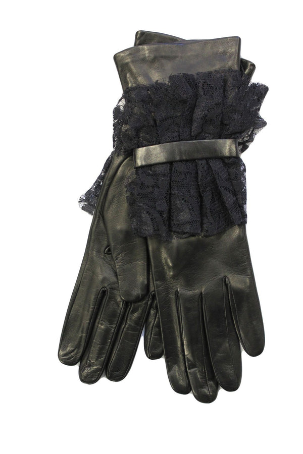 Ismé - Women's Silk Lined Leather Gloves with Lace Trim