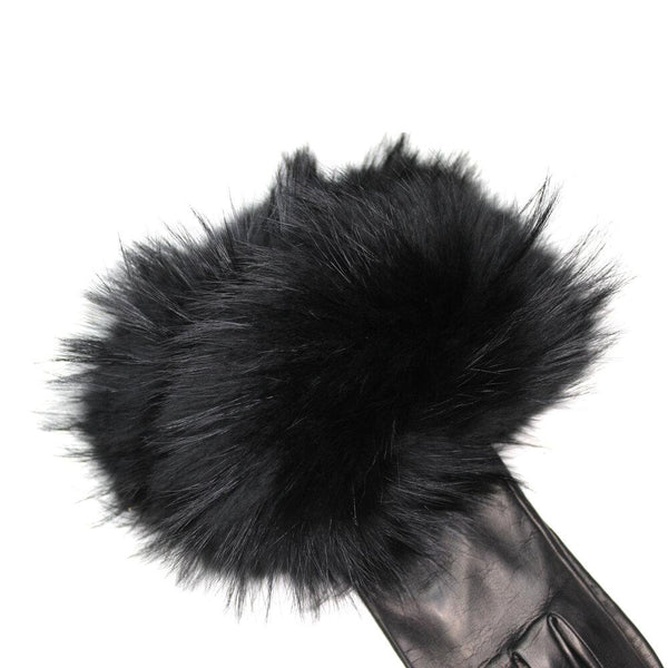 Veronique Massive Long Black - Women's Silk Lined Leather Gloves with Fox Fur Cuff