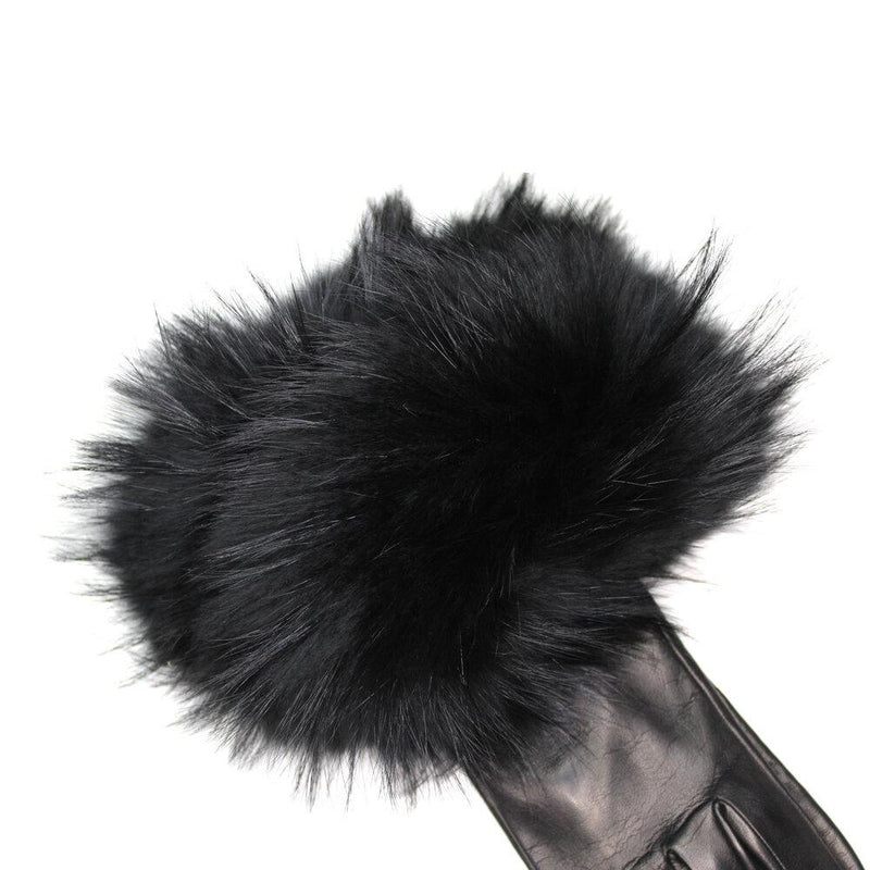Veronique Massive Long Black - Women's Silk Lined Leather Gloves with Fox Fur Cuff