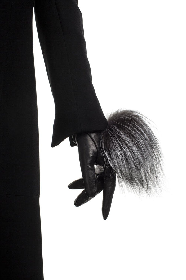 Veronique Pom Pom - Women's Silk Lined Leather Gloves with Fox Fur Pom Pom