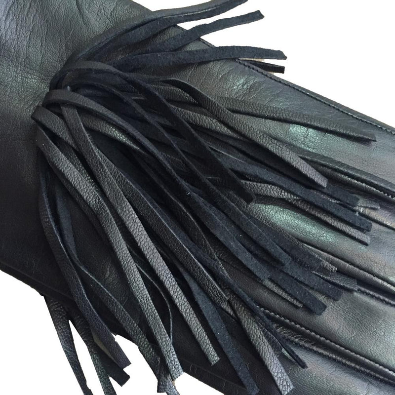 Rhona - Women's Silk Lined Black Leather Gloves With Fringe Detail