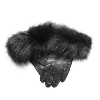 Veronique Huge Cuff Black - Women's Silk Lined Leather Gloves with Fur Cuff
