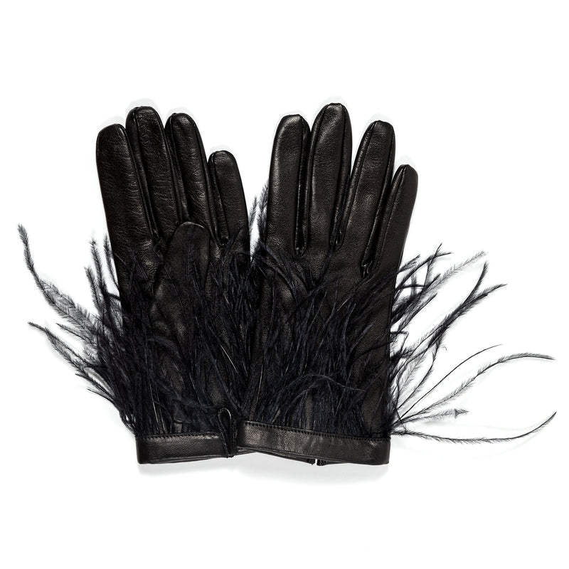 Simone - Women's Silk Lined Black Leather Gloves With Ostrich Feather Cuff