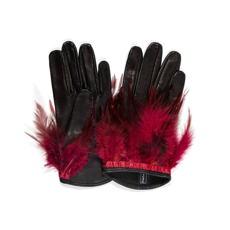 Simone - Women's Silk Lined Black Leather Gloves With Ostrich Feather Cuff