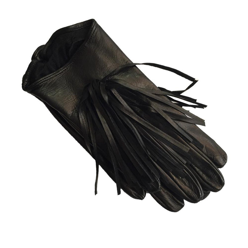 Rhona - Women's Silk Lined Black Leather Gloves With Fringe Detail