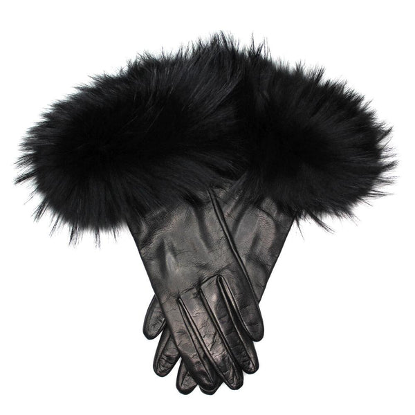Veronique Massive Long Black - Women's Silk Lined Leather Gloves with Fox Fur Cuff