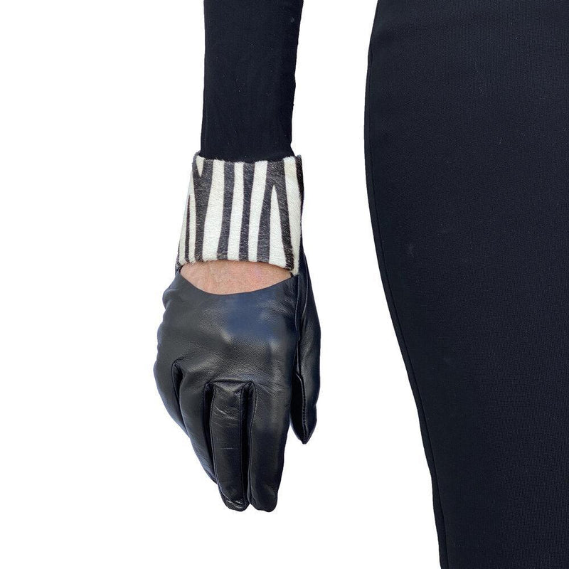 Francesca Scoop -Women's Silk Lined Zebra Print Leather Gloves