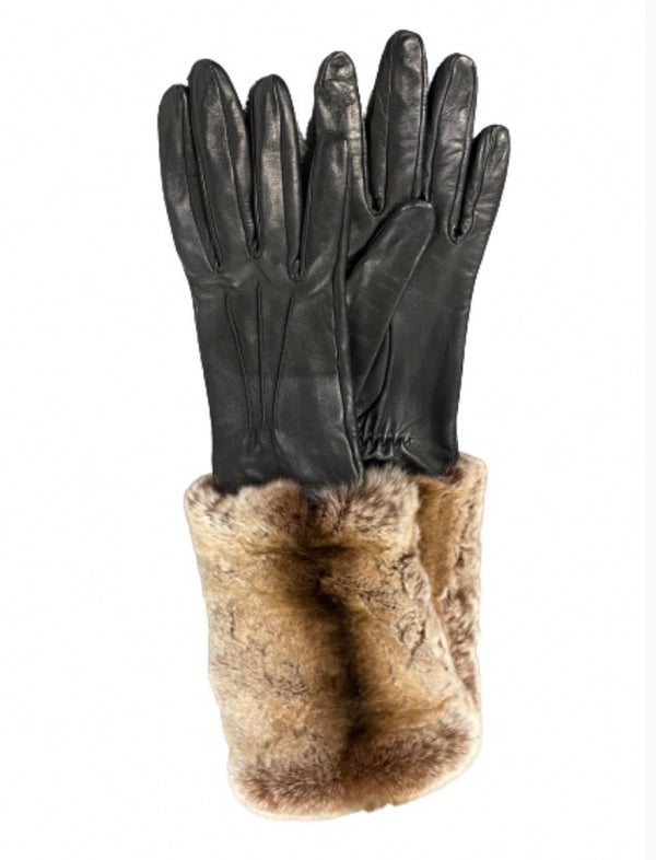 Veronique 6bt - Women's Silk Lined Leather Gloves With Fur Cuffs