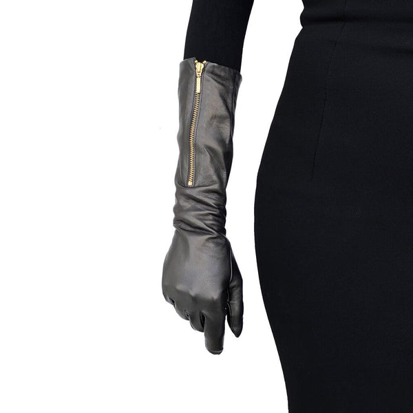 Jacqueline 8BT - Women's Elbow Length Zipped Detail Leather Gloves