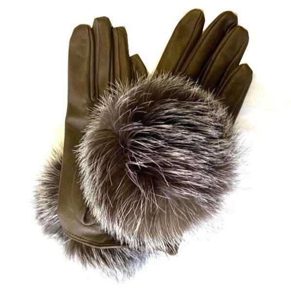 Veronique Pom Pom - Women's Silk Lined Leather Gloves with Fox Fur Pom Pom