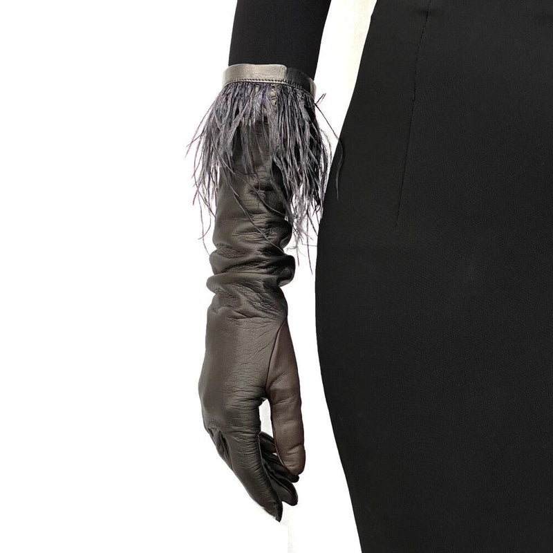 Simone 8BT - Women's Silk Lined Leather Gloves With Ostrich Feather Cuff