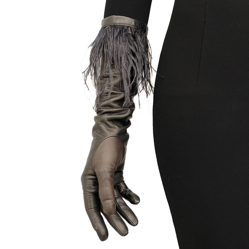 Simone 8BT - Women's Silk Lined Leather Gloves With Ostrich Feather Cuff