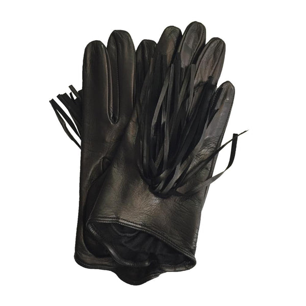 Rhona - Women's Silk Lined Black Leather Gloves With Fringe Detail